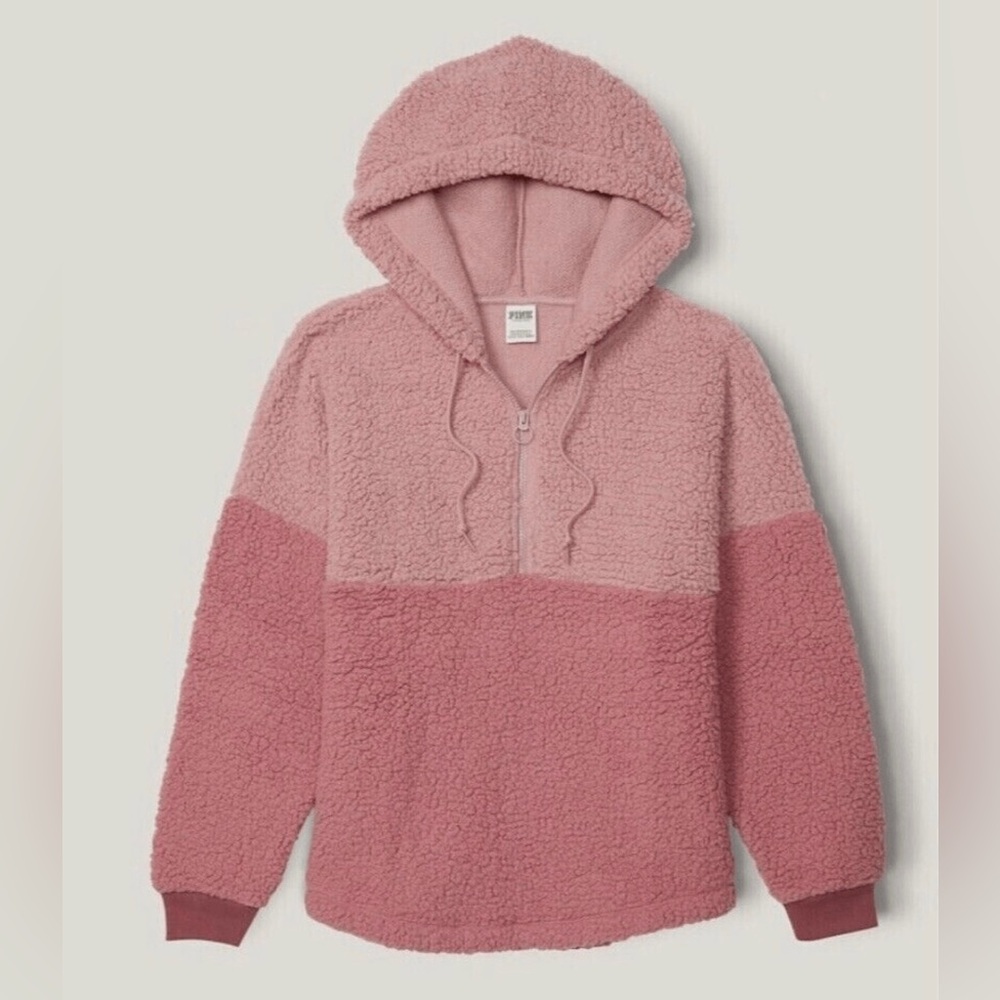 Victoria secret Pink Varsity Sherpa Half Zip Pullover Hoodie Color Pink Size